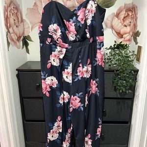 Strapless Navy Blue & Pink Floral Jumpsuit - Size 22